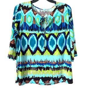 Susan Graver Women's Turquoise & Brown Abstract Print Top 3/4 Sleeve Size L Lg